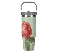 Gobelet isotherme de 887 ml (30 oz) avec paille et poignée - Mug de voyage isotherme en acier inoxydable à motif rose rouge - Tasse sous vide étanche pour café et eau, cadeau d'anniversaire ou de No