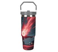Gobelet isotherme de 887 ml (30 oz) avec paille et poignée - Mug de voyage isotherme en acier inoxydable « Flamme rouge » - Tasse sous vide étanche pour café et eau, cadeau d'anniversaire ou de Noël