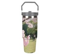 Gobelet isotherme de 887 ml (30 oz) avec paille et poignée - Mug de voyage isotherme en acier inoxydable à motif fleurs de cerisier - Tasse sous vide étanche pour café et eau, cadeau d'anniversaire
