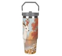 Gobelet isotherme de 887 ml avec paille et anse - Motif cerf fleuri - Acier inoxydable - Tasse de voyage étanche pour café et eau - Idée cadeau d'anniversaire ou de Noël pour femmes et hommes