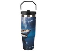 Gobelet isotherme de voyage en acier inoxydable de 887 ml (30 oz) avec poignée et couvercle à bec verseur, motif grand requin blanc, idéal pour les activités de plein air.