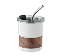 Gobelet isotherme durable, 260 ml, en acier inoxydable recyclé avec poignée en bois d'acacia, gobelet à paroi simple avec couvercle anti-fuite et paille en acier inoxydable, réutilisable, écologique