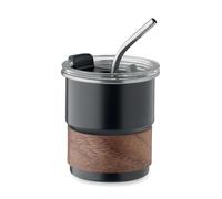 Gobelet isotherme durable, 260 ml, en acier inoxydable recyclé avec poignée en bois d'acacia, gobelet à café à paroi simple avec couvercle anti-fuite et paille en acier inoxydable, réutilisable