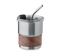 Gobelet isotherme durable, 260 ml, en acier inoxydable recyclé avec poignée en bois d'acacia, gobelet à paroi simple avec couvercle anti-fuite et paille en acier inoxydable, réutilisable, écologique