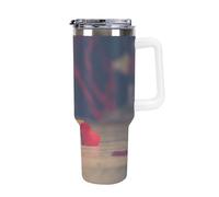Gobelet isotherme en acier de 40 oz avec couvercle et paille pour eau, thé glacé ou café, smoothie et plus encore. Poignée blanche. Motif blocs de construction, amour, roses.