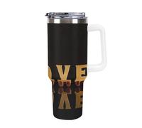 Gobelet isotherme en acier de 40 oz avec couvercle et paille pour eau, thé glacé ou café, smoothie et plus encore. Poignée blanche. Motif de train en blocs de construction Love.