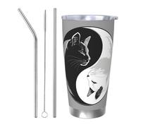 Gobelet isotherme en acier inoxydable avec 2 pailles et couvercle en forme de chat noir et blanc pour Tai Chi de 591 ml