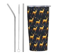 Gobelet isotherme en acier inoxydable avec couvercle et paille - Motif cerf doré - 591 ml