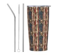 Gobelet isotherme en acier inoxydable avec couvercle et paille - Motif cerf patriotique américain - 591 ml