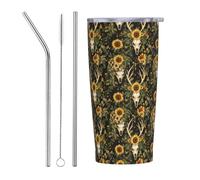 Gobelet isotherme en acier inoxydable avec couvercle et paille, motif tête de cerf et tournesol, 591 ml, tasse à café personnalisée, bouteille d'eau