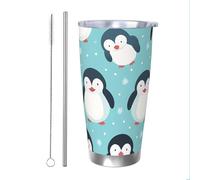 Gobelet isotherme en acier inoxydable avec paille et couvercle en forme de pingouins mignons de l'Antarctique pour boissons chaudes et froides - 591 ml