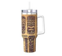 Gobelet isotherme en acier inoxydable avec poignée et paille - 1200 ml - Motif Aloha Tiki - Parfait pour les voyages et le sport