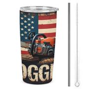 Gobelet isotherme en acier inoxydable de 590 ml (20 oz) avec motif de tronçonneuse de bûcheron et drapeaux américains, double paroi sous vide, couvercle à paille, idéal pour les voyages et les occasi