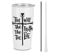 Gobelet isotherme en acier inoxydable de 590 ml (20 oz), double paroi sous vide, avec couvercle à paille, orné de la citation « Le Chemin, la Vérité, la Vie ». Idéal pour les voyages et les occasions