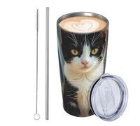 Gobelet isotherme en acier inoxydable de 591 ml avec couvercle et paille - Motif chaton assis - Cadeau idéal pour homme et femme - Blanc et noir