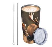 Gobelet isotherme en acier inoxydable de 591 ml avec couvercle et paille - Pour homme et femme - Motif chasse à la faune - Motif cerf, ours et élan
