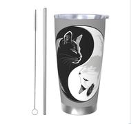 Gobelet isotherme en acier inoxydable pour boissons chaudes et froides en forme de chat noir et blanc avec paille et couvercle pour voiture Tai Chi de 591 ml
