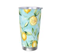 Gobelet isotherme en acier inoxydable pour boissons chaudes et froides - Motif feuille de citron aquarelle - Avec couvercle - Pour voiture - 591 ml