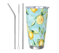Gobelet isotherme en acier inoxydable pour boissons chaudes et froides - Motif feuille de citron aquarelle - Avec 2 pailles et couvercle - Pour voiture - 591 ml