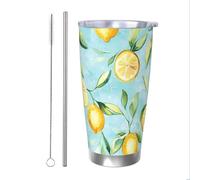 Gobelet isotherme en acier inoxydable pour boissons chaudes et froides - Motif feuille de citron aquarelle - Avec paille et couvercle - Pour voiture - 591 ml