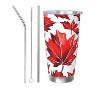 Gobelet isotherme en forme de feuille d'érable rouge d'automne avec 2 pailles et couvercle - Porte-gobelet isotherme en acier inoxydable pour boissons chaudes et froides - 591 ml