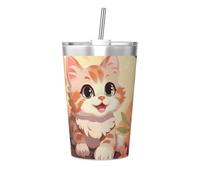 Gobelet isotherme en paille conique avec motif chat de dessin animé, idéal pour une utilisation en salle de sport ou à emporter avec vous