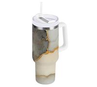 Gobelet isotherme moderne en acier inoxydable avec couvercle anti-fuite et paille en acier inoxydable - Tasse à café de voyage réutilisable - Cadeau idéal pour homme et femme - Motif marbre beige gris