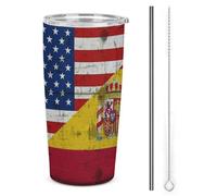 Gobelet isotherme rétro américain, avec double paroi en acier inoxydable, motif drapeaux espagnol et américain, 590 ml (20 oz), couvercle à paille, idéal pour les voyages et les occasions spéciales.