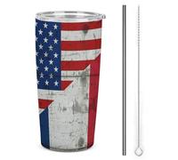 Gobelet isotherme rétro américain, avec double paroi en acier inoxydable, orné des drapeaux français et américains, d'une contenance de 590 ml (20 oz). Idéal pour les voyages en voiture ou en voiture