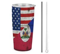 Gobelet isotherme rétro américain avec drapeau d'Haïti et des États-Unis, en acier inoxydable, 590 ml (20 oz), double paroi sous vide, idéal pour les voyages en voiture ou en voiture, avec couvercle