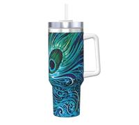 Gobelet isotherme réutilisable avec poignée pour boissons froides et chaudes - Motif paon coloré - 1,2 l