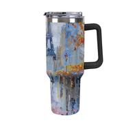 Gobelet isotherme réutilisable en acier inoxydable de 1200 ml avec poignée, tasse de voyage avec paille glacée ou café de voiture, tour Eiffel de Paris, peinture à l'huile