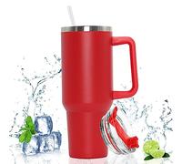 Gobelet isotherme sous vide à double paroi en acier inoxydable - 1200 ml - Portable - Avec poignée et paille - Pour voiture - Pour boissons chaudes et froides - Rouge
