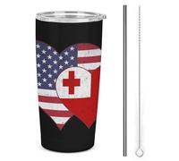 Gobelet isotherme vintage américain Tonga Flag Heart USA 20 oz en acier inoxydable, double paroi sous vide, idéal pour les voyages en voiture, avec couvercle à paille, pour hommes et femmes. Cadeau p