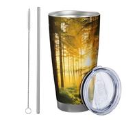Gobelet lever de soleil avec couvercle et paille - Nature - Forêt botanique - Vert et orange - En métal - Réutilisable - Sans déversement - Incassable - Pour pique-nique, salle de sport - Avec paille
