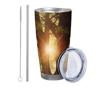 Gobelet lever de soleil avec couvercle et paille - Paysage naturel - Arbre botanique rustique - Forêt - Soleil - Vert et orange - En métal - Réutilisable - Sans déversement - Incassable - Avec paille