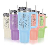 Gobelet personnalisé de 1200 ml avec poignée et couvercle à paille, bouteille d'eau personnalisée en acier inoxydable avec noms et fleur de naissance, cadeau personnalisé pour mères, Saint-Valentin