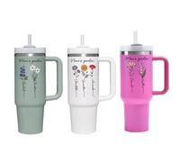 Gobelet personnalisé pour le mois de naissance avec motif floral de 1,2 l avec poignée et paille, gobelets personnalisés avec nom des enfants, tasse de voyage pour la Saint-Valentin, la fête des mères