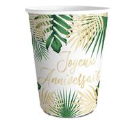 Gobelets en carton jetables - STC - Lot de 6 - Imprimé Joyeux Anniversaire - Motif feuilles exotiques - Thème tropical