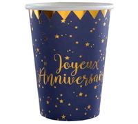 Gobelets en carton - Joyeux anniversaire - Bleu marine - 10 pièces - 7,8 x 9,7 cm - Étoiles dorées