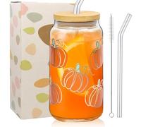Gobelets en verre avec couvercle et paille,500 ml Halloween Verre avec Paille Motif Halloween Gobelets à thé Citrouilles Verres à Café Glacé thé au lait, boissons cola fêtes d'halloween et l'automne