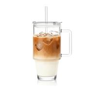 Gobelets en verre côtelé de 710 ml avec couvercles et pailles, tasse en verre côtelé avec poignée, verre transparent réutilisable avec couvercles et pailles, pour smoothies et boissons, gobelets