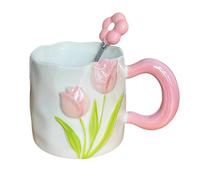 Gobelets Isothermes avec Motif Floral en 3D, Tasse en Céramique Tulipe Rose, Jolies Tasses Faites à la Main de 414 Ml, Gobelet avec Anse, Cadeau D'anniversaire Idéal pour les Amis(Pink)