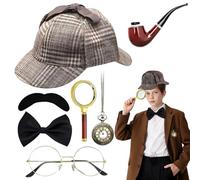 Gobesty Accessoires de Costume de Détective, 7 Pièces Sherlock Holmes Cosplay Accessoires avec Chapeau de Détective Lunettes Fausse Moustache Loupe Nœud Papillon pour Carnaval Fête Halloween