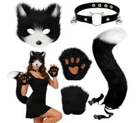 Gobesty Ensemble De Costumes De Renard Animal, Queue, Masque, Gants, Collier, Ensemble Queue Et Oreilles De Renard pour Halloween, Cosplay, Carnaval, Noël Et Bal Masqué