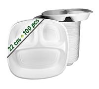 GoBeTree 100 assiettes creuses jetables 22 cm avec 3 compartiments. Assiettes en canne à sucre, vaisselle jetable blanche ultra-résistante. Assiettes rondes.