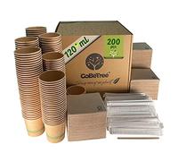 GoBeTree 200 tasses à café Kraft jetables pour café expresso 120 ml avec agitateurs en bois dans un sac en papier pour café et serviettes recy s