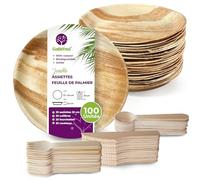 GoBeTree 25 Assiettes Jetables en Feuille de Palmier Rondes 25 cm avec 75 Couverts Jetables en Bois, Vaisselle Jetable Élégante, proche du bambou, pour fêtes, barbecues et pique-niques