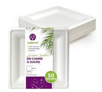 GoBeTree 50 Assiette Jetable Rigide Carrée 20 cm Canne à Sucre, Plate | Assiettes carrées blanches et élégantes en bagasse, l'assiette plate du quotidien pour entrées, salades et pâtes, rigides