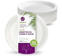 GoBeTree 50 Assiettes Jetables Solides 23 cm Canne à Sucre, Rondes | Assiettes rondes blanches et élégantes en bagasse, l'assiette plate du quotidien pour entrées, salades et pâtes, rigides